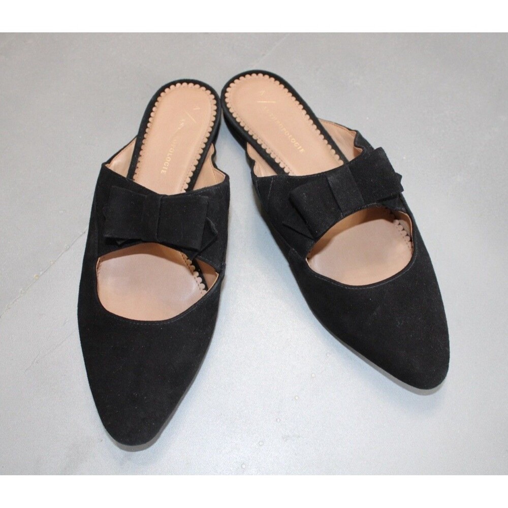 Anthropologie Livia Black Suede Bow‎ Pointed Toe Mule Flats Womens Size 9
